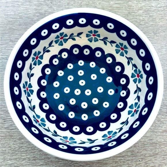Boleslawiec Polish Pottery Blue Circles Floral Ceramic Soup Bowl - Picture 1 of 6